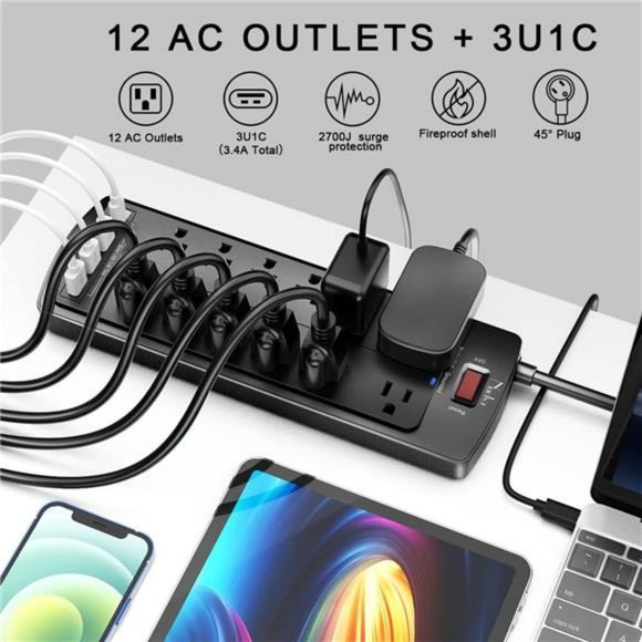 Power Strip,  Surge Protector with 12 Outlets and 4 USB Ports, 6 Feet (Black) - Picture 3 of 7